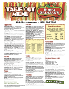 Take Out menu for Bobby Salazar's Restaurant